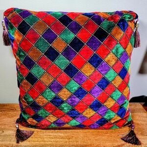 Pier 1 Velvet Pillow Diamond Jewel Tone Stained Glass Tassels Moroccan 20X20
